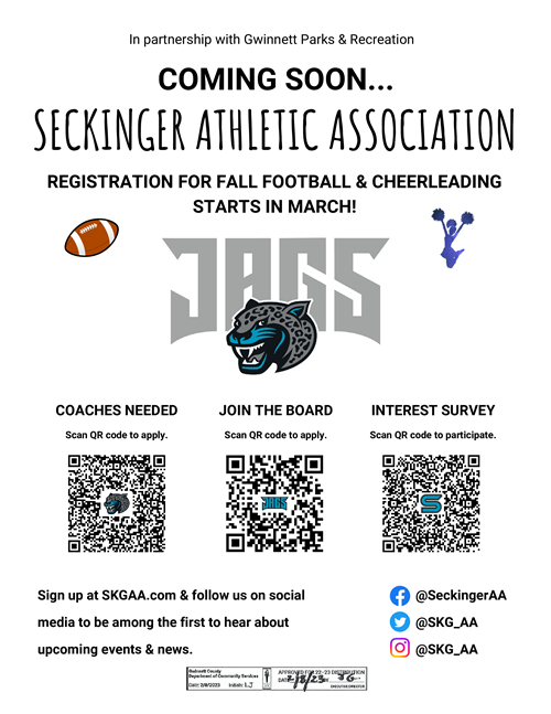 Seckinger Athletic Association Registration for Fall football and cheerleading starts in march